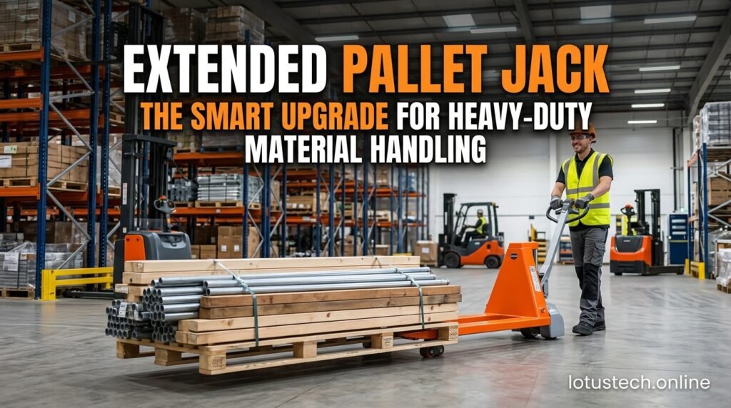Extended pallet jack used for moving long pallets in warehouse operations safely and efficiently