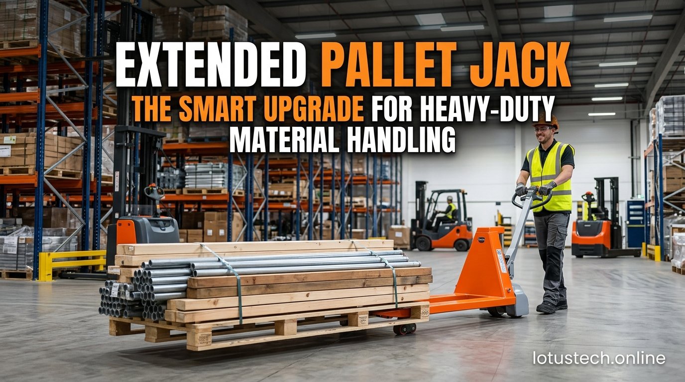 Extended pallet jack used for moving long pallets in warehouse operations safely and efficiently