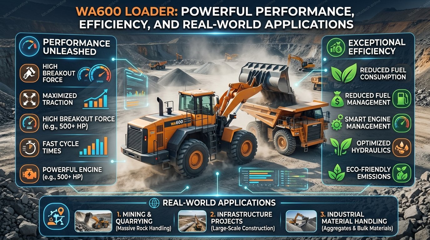 WA600 loader heavy equipment working on construction site showing powerful performance and fuel efficiency